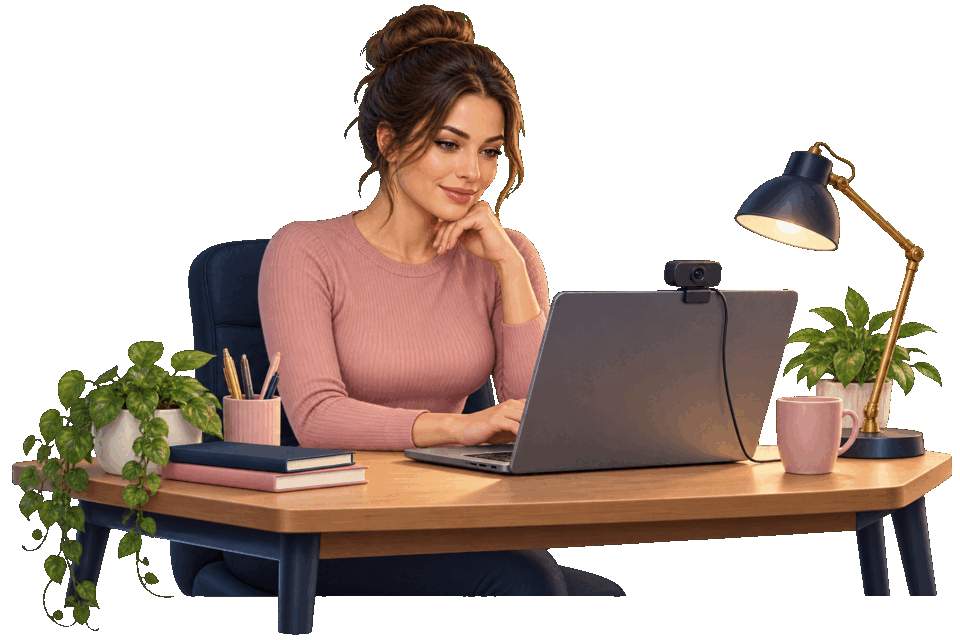 Adult woman at a home workspace with a laptop and webcam Fully clothed adult woman working at a home desk with a laptop, webcam, lamp and plant.
